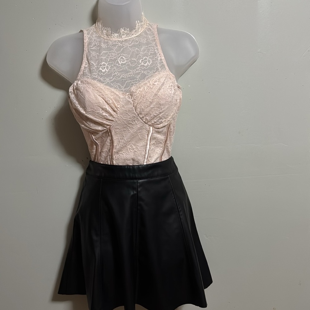 Zara faux leather skirt and bodysuit.